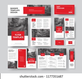 Corporate style with square red design elements and stroke, with a place for a photo. Vector flyer templates, brochures, vouchers, cards and banners. Set