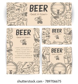 Corporate Style Template for for Craft Pub with Hand Drawn Snacks and Beer. Vector Alcohol and Pub Food Design with Crab, Lobster, Shrimp, Fish, Chicken Wings and Legs, Pretzel and Nachos.