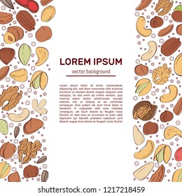 Corporate style template with hand drawn nuts and seeds. Peanut and sunflower seeds. Pistachio, cashew, hazelnut and macadamia. Great for packaging, label, greeting cards, event decor. Vector. 