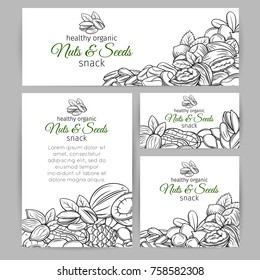 Corporate style template with hand drawn nuts and seeds. Cola nut, pumpkin seed, peanut and sunflower seeds. Pistachio, cashew, coconut, hazelnut and macadamia. Vector illustration.