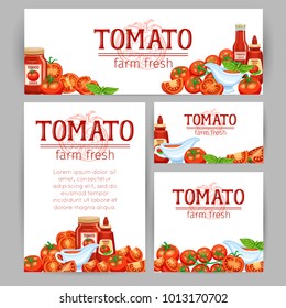 Corporate style template with red tomatoes and tomato on a branch and slices with sauce. Vector vegetables for design market and farm product .
