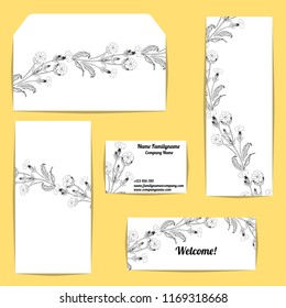 Corporate style templates with floral motifs on yellow background. Black and white campion flowers.
