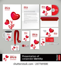 Corporate style Valentine's Day, the pattern printed materials: folder, brochure, letterhead, CD, business card, notebook, cup, flash drive, pen