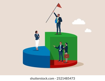 Corporate of success. Success businessman holding flag standing on pie chart win over competitors. Business people standing on graph looking at success. Vector illustration flat design.