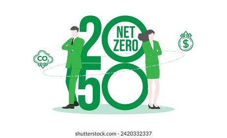 Corporate success, ESG Management, Leader and Teamwork, Environmental Goals in Sustainable Business Environment with Confident Businessman and Businesswoman standing pose with 2050 Net zero goal.