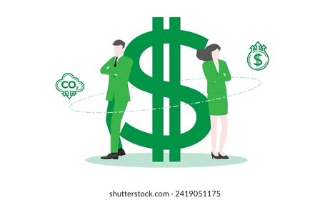 Corporate success, ESG Management, Leadership and Teamwork, Environmental Goals in Sustainable Business Environment with a Confident Businessman and Businesswoman standing pose with Dollar symbol.
