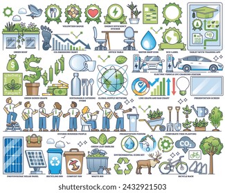 Corporate sustainability or ESG green business practices outline collection set. Elements with ecological and responsible company vector illustration. Diverse people, forestation and recycling items.