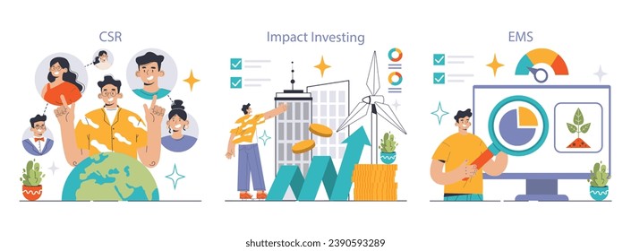 Corporate sustainability set. Professionals discussing CSR, innovative green financing, effective EMS systems. Involvement, environmental focus, growth indicators. Flat vector illustration