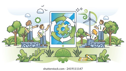 Corporate sustainability software or continuous manufacturing analysis outline concept. Energy from green, ecological and recyclable resources to reduce emissions from business vector illustration.