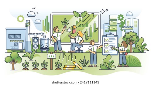 Concepto de esquema de software de sostenibilidad empresarial para análisis ecológicos. Reciclaje de energía y almacenamiento de emisiones empresariales como solución ecológica para reducir la contaminación de las fábricas en la ilustración de vectores.