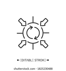 Corporate Synergy Bias Icon. Circular Flow Surrounded By Arrows. Outline Drawing. Overestimating Benefits And Underestimating Costs Concept. Isolated Vector Illustrations. Editable Stroke 