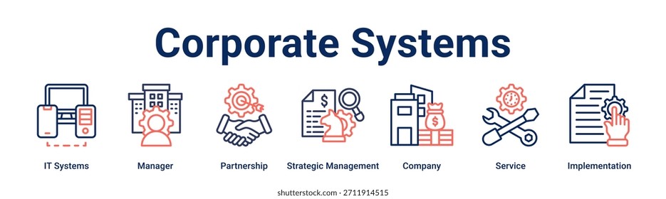 Concepto de Ilustración vectorial de ícono de Web de Anuncio de sistemas Corporativas para negocios con ícono de sistemas de TI, gerente, sociedad, gestión estratégica, empresa, servicio.