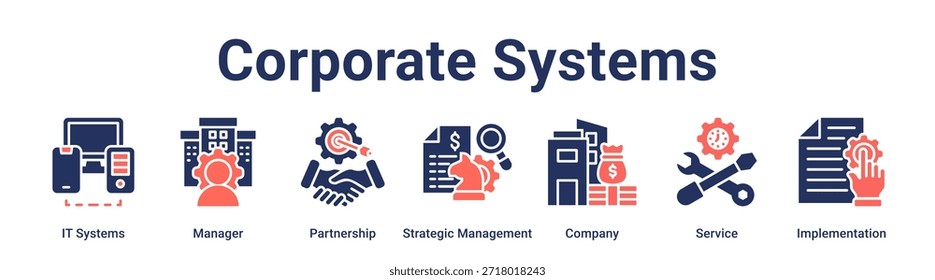 Concepto de Ilustración vectorial de ícono de Web de Anuncio de sistemas Corporativas para negocios con ícono de sistemas de TI, gerente, sociedad, gestión estratégica, empresa, servicio.