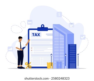 Corporate tax concept illustration. Suitable for landing page, ui, web, App intro card, editorial, flyer, and banner.