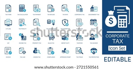 Corporate Tax and Financial Accounting solid icon set. Includes symbols for Tax Refund, E-filing, VAT, and Income Tax. Solid vector icons for tax policy, risk management, and audit services.