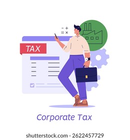 Imposto Sobre Sociedades. Homem paga impostos com calculadora. Serviço de administração financeira. Conjunto de gestão financeira, dívida, deveres, auditoria e contabilidade. Ilustração vetorial para interface do usuário, faixa