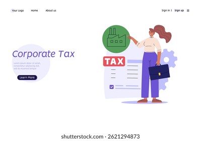 Corporate Tax. Woman pay taxes with calculator. Financial administration service. Set of financial management, debt, duty, audit and accounting. Vector illustration for UI, banner