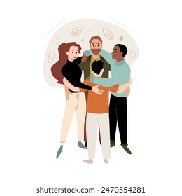 Corporate team demonstrating unity with supportive hugs. Vector characters portraying teamwork, leadership, and trust against are isolated on a white background.