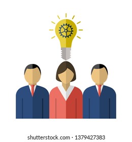 Corporate Team Finding New Idea With Woman Leader Icon. Flat Color Design. Vector Illustration.