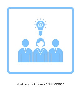 Unternehmensteam findet neue Ideen mit Frauenführersymbol. Blaues Rahmendesign. Vektorgrafik.
