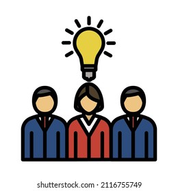Corporate Team Finding New Idea With Woman Leader Icon. Editable Bold Outline With Color Fill Design. Vector Illustration.