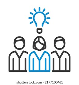 Corporate Team Finding New Idea With Woman Leader Icon. Editable Bold Outline With Color Fill Design. Vector Illustration.