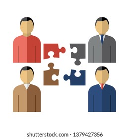 Corporate Team Icon. Four Corporate Employee With Puzzles Element Near. Flat Color Design. Vector Illustration.