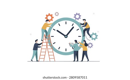 Corporate team members working together to adjust the hands and gears of a giant wall clock for time management.