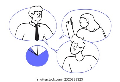 Reunión y proyecto en línea del equipo Corporativa, Planes, concepto de discusión de estrategias. Las Personas en las burbujas de discurso hablan sobre el trabajo, los deberes y el proceso de trabajo de gestión. Éxito de la Ilustración vectorial de colaboración