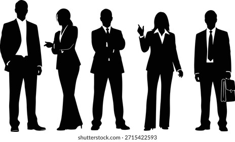 Ilustración vectorial de silueta de pie de equipo Corporativa con un grupo de profesionales para el personal de negocios y la fuerza laboral.