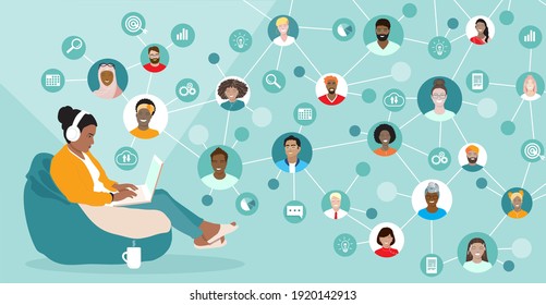 Corporate team working remotely online on project.  Young woman, diverse employees working together, international network, virtual office, freelancers group. Business web communication vector banner