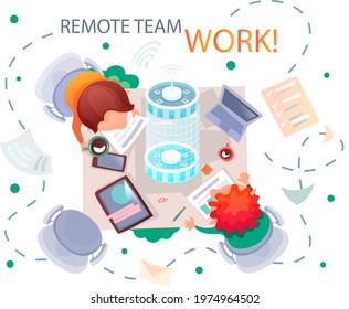 Corporate team working remotely online on project. Colleagues, diverse employees working together in virtual office meeting at distance, freelancers group. Business web communication vector banner