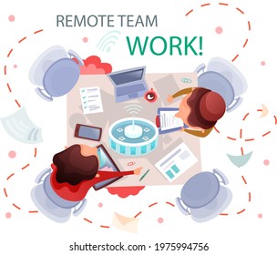 Corporate team working remotely online on project. Colleagues, diverse employees working together in virtual office meeting at distance, freelancers group. Business web communication vector banner