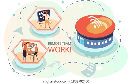 Corporate team working remotely online on project. Colleagues, diverse employees working together in virtual office meeting at distance, freelancers group discuss project. Business web communication