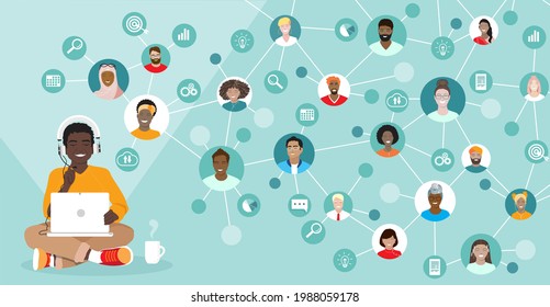 Corporate team working remotely online on project.  Young man, diverse employees working together, international network, virtual office, freelancers group. Business web communication vector banner