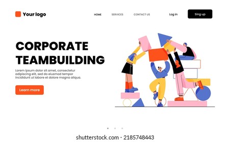 Corporate Teambuilding Landing Page. People Work Together Set Up Abstract Geometric Shapes. Businesspeople Teamwork, Communicate, Collaboration, Cooperation, Partnership, Linear Flat Vector Web Banner