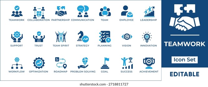 Iconos de glifo de Vector de trabajo en equipo Corporativa y colaboración empresarial. Conjunto de dos tonos que presenta asociación, estrategia, liderazgo, gestión de recursos humanos y símbolos de éxito.