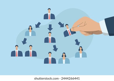 Corporate teamwork, Business team delegation structure, Work control planning, Big hands manage to divide people's duties and priorities, Vector design illustration.