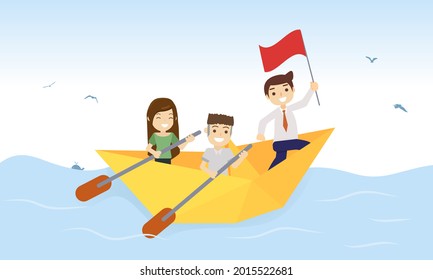 Corporate teamwork leadership concept. Businessmen team work, a group of people rowing together. The leader works with the team and motivates his team to move forward vector illustration.