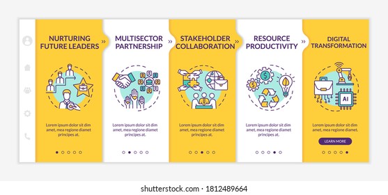 Corporate teamwork onboarding vector template. Stakeholder collaboration. Employee partnership. Responsive mobile website with icons. Webpage walkthrough step screens. RGB color concept