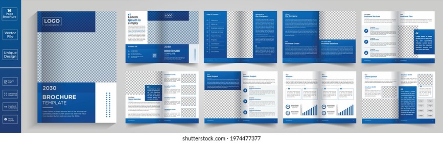 Corporate theme 16 pages business company profile brochure design, Minimal and clean geometric design of a 16-page blue color template for brochure, A4 16 Page Brochure Template
