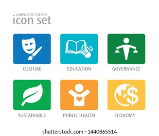 Corporate Theme icon set. Cool illustration of Culture, education, governance, CSR, Health and economy.