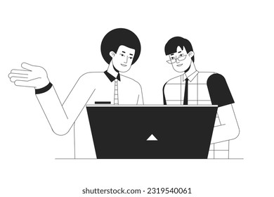 Corporate Trainer Training Job Praktikum in flachen Linie schwarz-weiße Vektorgrafiken. Bearbeitbare Umriss-Halbkörpermenschen auf Weiß. Co-Workers einfache Cartoon-einzelne Spot-Illustration für Web-Grafik-Design