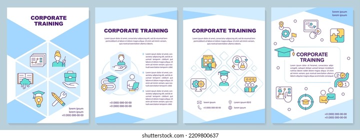 Corporate training blue brochure template. E learning. Leaflet design with linear icons. Editable 4 vector layouts for presentation, annual reports. Arial-Black, Myriad Pro-Regular fonts used