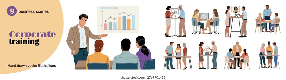 Corporate training and business education scenes with diverse professionals. Team learning, mentorship, workshops and workplace collaboration in modern flat vector style.
