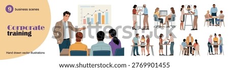 Corporate training and business education scenes with diverse professionals. Team learning, mentorship, workshops and workplace collaboration in modern flat vector style.