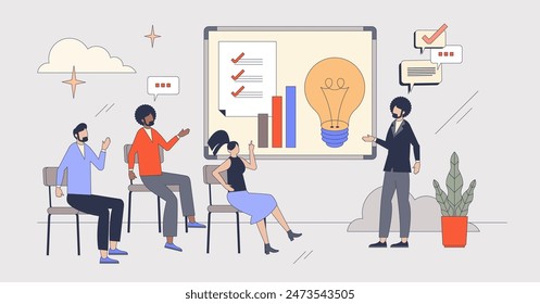 Corporate training or business team coaching tiny person neubrutalism concept. Leadership or mentoring as key element for successful employee work achievements vector illustration. Skill presentation