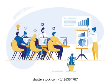 Corporate Training for Company Business Employees. Woman Conducts Training Course on Work Group Man and Woman. Young People Sitting at Table in Front Desktop Computer. Corporate Economic Growth Chart
