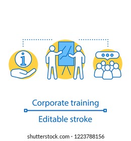 Corporate training concept icon. Presentation. Business education idea thin line illustration. Coaching. Conference, seminar. Vector isolated outline drawing. Editable stroke