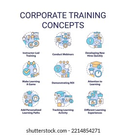 Corporate Training Concept Icons Set. Development In Workplace Idea Thin Line Color Illustrations. Conduct Webinars. Isolated Symbols. Editable Stroke. Roboto-Medium, Myriad Pro-Bold Fonts Used